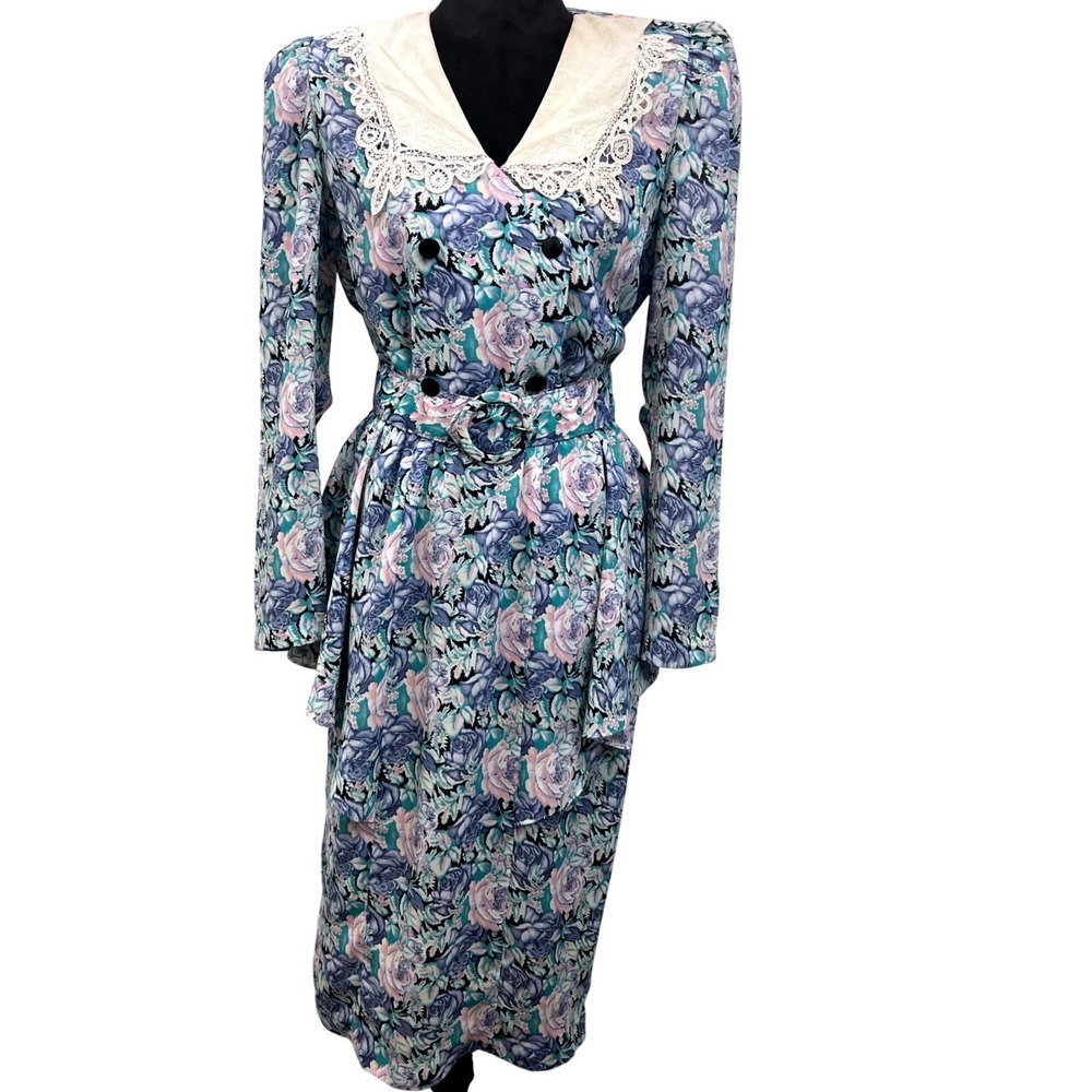 Vintage 1980s Floral Peplum Midi Exaggerated Lace Collar Purple Teal Size 10